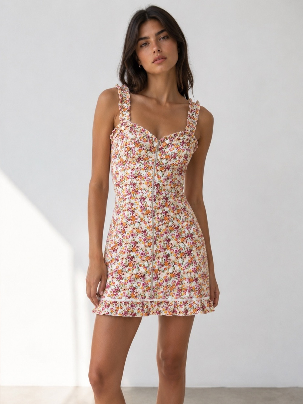 Guess | S | Floral Zip-Front Mini Dress in Cream & Pink